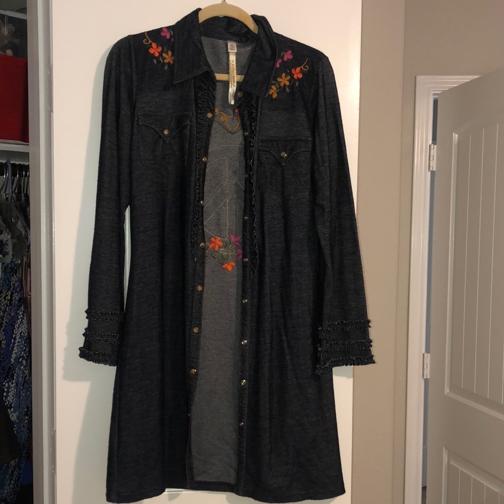 Uncle Frank Hippie Peace Blue Jean Polyester Duster Button Up XL